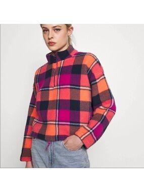 American Eagle Outfitters Plaid Half-Zip Sweater Jacket in Pink, Orange, Black